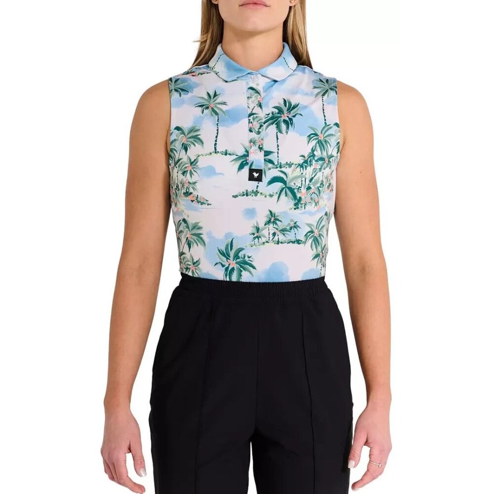 Bad Birdie Women's XS Sleeveless Golf Polo Postcard Vaca Palm Performance Top